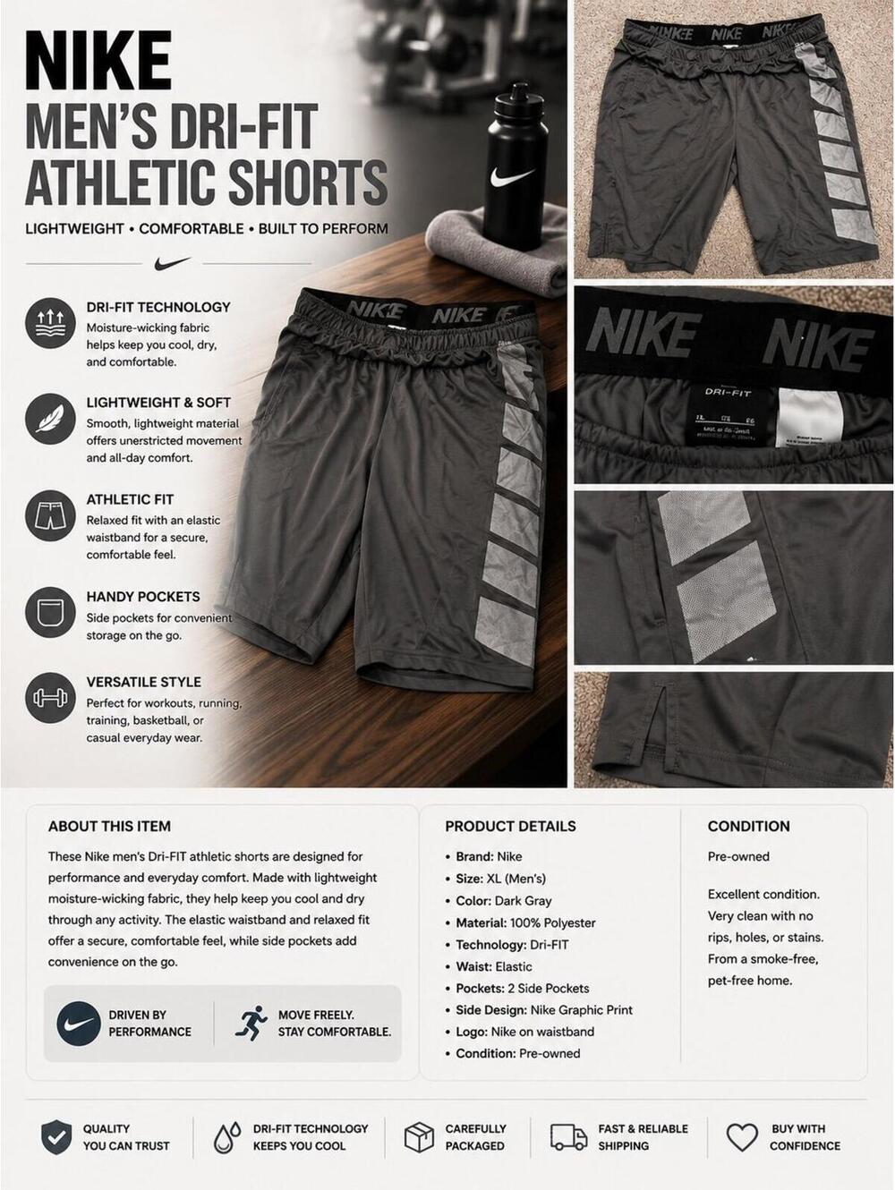 Men’s XL Nike Dri-FIT Athletic Shorts – Dark Gray Performance Training Shorts